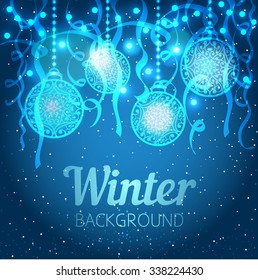 Vector winter frozen background. Christmas laced balls with lights bokeh and serpentine