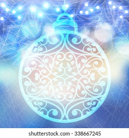 Vector winter frozen background with christmas ball and lights bokeh. Magic icy pattern on glass window with fir tree