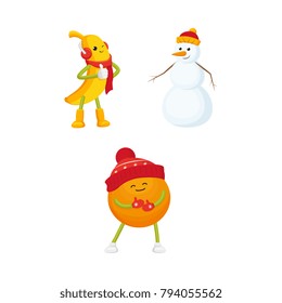 Vector winter fruit character happy orange in outdoor hat, boots, mittens, snowman in hat, banana thumbs up, winking in headphones. Isolated illustration white background. New year christmas design