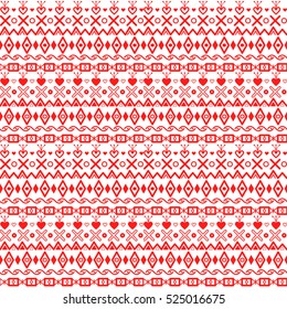 Vector winter geometric ornament. Red rhombuses, hearts, squares, crosses etc on the white background. Seamless pattern.