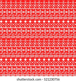 Vector winter geometric ornament. White rhombuses, hearts, squares, crosses etc on the red background. 