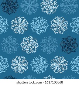 Vector winter geometric pattern in blue and white. Simple doodle snow flake. Great for background, wallpaper, wrapping paper, packaging, fashion.
