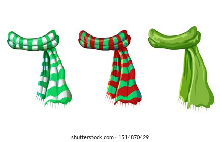 vector winter green scarf collection isolated on white background. illustration of red, green white striped scarves. christmas or holiday wool muffler icon set winter warming clothes in cartoon style