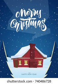 Vector winter greeting card with hand lettering of Merry Christmas and cartoon house with smoke from chimney.