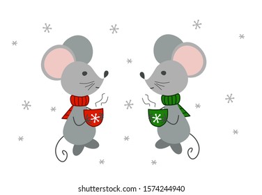 Vector winter hand illustration with cute mice for the new year and Christmas on a white background.