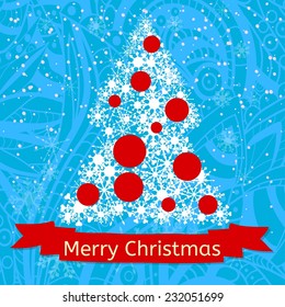 Vector Winter Happy New Year and Merry Christmas background with Christmas tree with snowflakes, Christmas balls, ribbon and patterned background