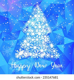 Vector Winter Happy New Year and Merry Christmas background with Christmas tree with snowflakes and polygonal background