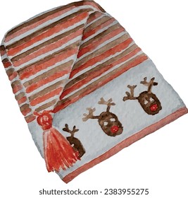 Vector Winter hat knitted, colored, red-brown striped, drawing of Christmas deer, with a tassel, warm, woolen, for holidays and winter walks isolated on a white background, watercolor drawing