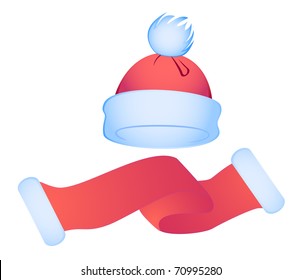 Vector winter hat of red and dark blue colors with a white woolen ball and a scarf