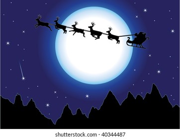 vector winter holiday background with flying santa claus over mountains at starry night