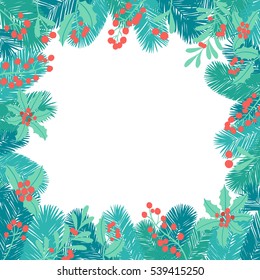 Vector winter holiday background with tree branches, mistletoe branch, poinsettia, berry.