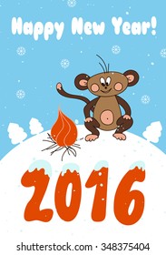 Vector winter holiday card template with monkey, a symbol of Chinese New Year 2016. For greeting cards, invitations, calendars, scrapbooking, New Years and Christmas designs. 