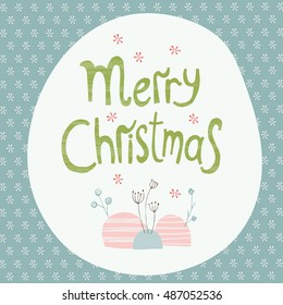 Vector winter holiday card template with Christmas decorations. Greeting postcard with hand drawn lettering. Merry Christmas. For invitations, scrapbooking, calendars, New Years and Christmas designs.