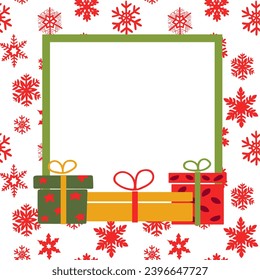 Vector winter holiday frame template with gift boxes. Red snowflakes on white background. Square composition. Good for social media, background, post, greeting card.