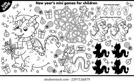 Vector winter holiday games placement for children. Outline Dragons of Chinese New Year 2024 in Christmas red hat Santa. Kids activity mat. Play, coloring. Maze, connect the dots, find the differences