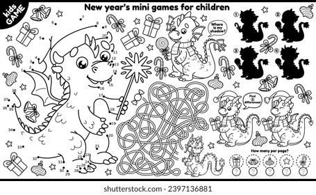 Juegos vectoriales de vacaciones de invierno para niños. Esquema de dragones de Año Nuevo chino con caramelos de Navidad. Funda de actividad infantil. Juega, colorea. Maze, conecta los puntos, encuentra las diferencias y sombras