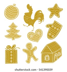 Vector winter holiday gingerbread elements: Rooster, tree, ball, house, man, ball, mitten. Christmas backgrounds, speech bubbles set.