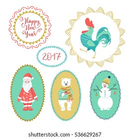 Vector winter holiday labels with hand lettering calligraphy 2017 and Happy New Year, Rooster, Santa, snowman, bear. Christmas backgrounds, speech bubbles set