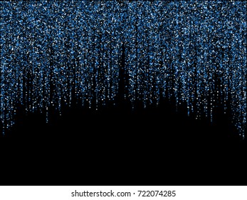 Vector winter holiday lights shiny vertical line garland glitters background. Vertical garlands of glowing sparkles on dark background. Christmas confetti shining lights pattern. Festoons dangling.