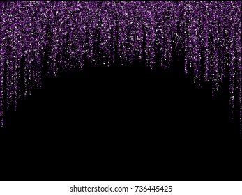 Vector winter holiday lights shiny vertical line garland glitters background. Vertical garlands of glowing sparkles on dark background. Christmas confetti shining lights pattern. Festoons dangling.
