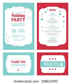 Vector Winter Holiday Party Invitation Set. Light blue. Red. Festive. Menu. Thank you. Place card.