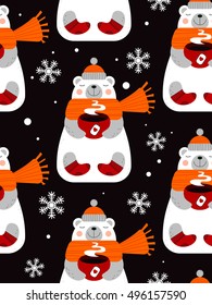 Vector winter holiday seamless pattern. Christmas gift wrapping paper. Cute happy bears in winter clothes with hot coffee cup or tea mug in hands on winter background with falling snow and snowflakes.