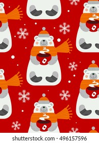 Vector winter holiday seamless pattern. Christmas gift wrapping paper. Cute happy bears in winter clothes with hot coffee cup or tea mug in hands on winter background with falling snow and snowflakes.