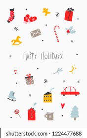  Vector winter holiday set. Hand drawn winter holidays seasonal items. New Year and Christmas seasonal items. Design for seasonal prints, poster, greeting card. Winter vector  background. 