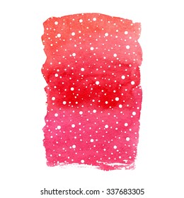 Vector winter holidays background with falling snow. Hand drawn red watercolor paint brush spot. Shape isolated on white background.