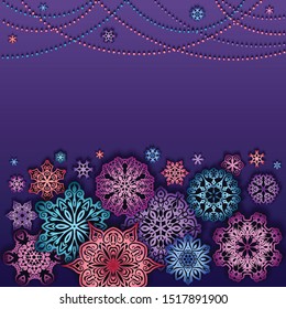 Vector winter holidays background with paper cut snowflakes. Merry Christmas and Happy New Year postcard