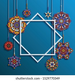 Vector winter holidays background with paper cut snowflakes. Merry Christmas and Happy New Year postcard