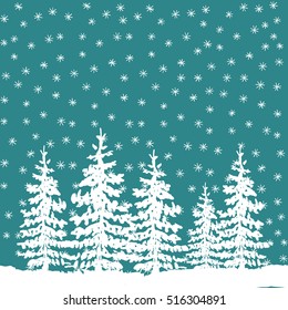 Vector winter holidays backgrounds with  hand drawn christmas trees, snowflakes, falling snow.