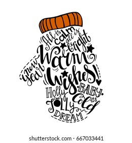 Vector Winter holidays illustration. Christmas silhouette of mitten with greeting lettering. Holly jolly celebration. Christmas, New Year symbol.