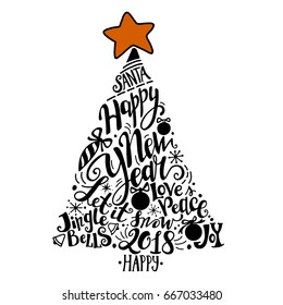 Vector Winter holidays illustration. Christmas silhouette tree with greeting lettering. Holly jolly celebration. Christmas, New Year symbol.