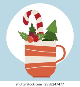 Ilustración vectorial de vacaciones de invierno, taza con rama de árbol de navidad , para diferentes usos de diseño como tarjetas y libros.