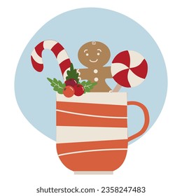 Vector winter holidays illustration, cup with christmas gingerbread and candy , for different design uses like cards and books .