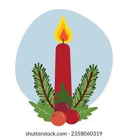 Vector winter holidays illustration ,red candle with christmas green branch on circle blue background for card , book or other design uses.