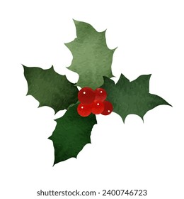 Vector winter holly element with berries and watercolor texture on white isolated background. Suitable for decoration, decoration, printing.