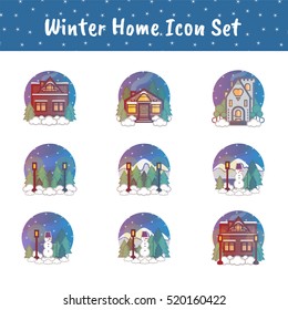 Vector winter home icon set. Cute round icons with landscapes. Flat home, house, cottage, forest, mountain, snowman, pine, Christmas tree, sky, stars, snow. Perfect for web site, internet, desktop