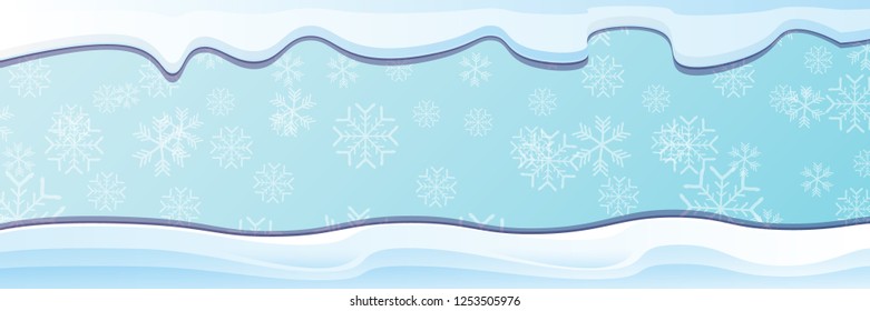 vector winter horizontal banner with snow caps isolated on christmas blue background with falling snowflakes. winter snow border or frame for winter sale or christmas banner design template.