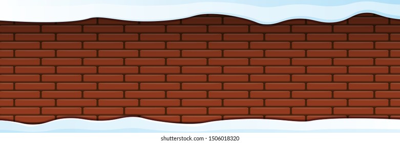 vector winter horizontal banner with snow caps isolated on red brick wall background. winter snow border or frame for winter sale or christmas banner design template with empty space for text .