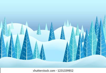 Vector winter horizontal landscape with snow capped hills and triangle coniferous trees. Cartoon illustration