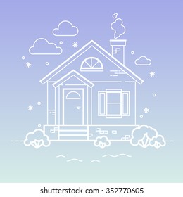 Vector winter house with chimney. Snow day. Outline illustration.