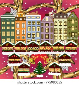 Vector. Winter houses, road, tree. Cute town Christmas eve. Cityscape. New year holidays. Winter nature landscape. Vector. Winter in the city, christmas decor fir-trees. Greeting card, poster design.
