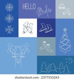 Vector winter icons in the modern line style. Winter theme. Card, print or poster.