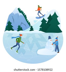 A vector winter illustration with activities. Greeting postcard with snow, people and trees.