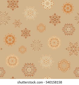 Vector winter illustration in beige colors. Hand drawn abstract snowflakes seamless. Template for cover, poster, t-shirt or fabric.