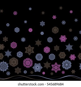 Vector winter illustration in blue, pink and brown colors. Hand drawn abstract snowflakes seamless. Template for cover, poster, t-shirt or fabric.