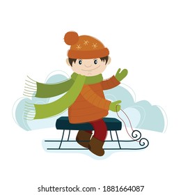 Vector winter illustration boy sledding