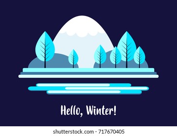 Vector Winter Illustration. Bright Blue Color Flat Background with Park, Mountain and Trees.
